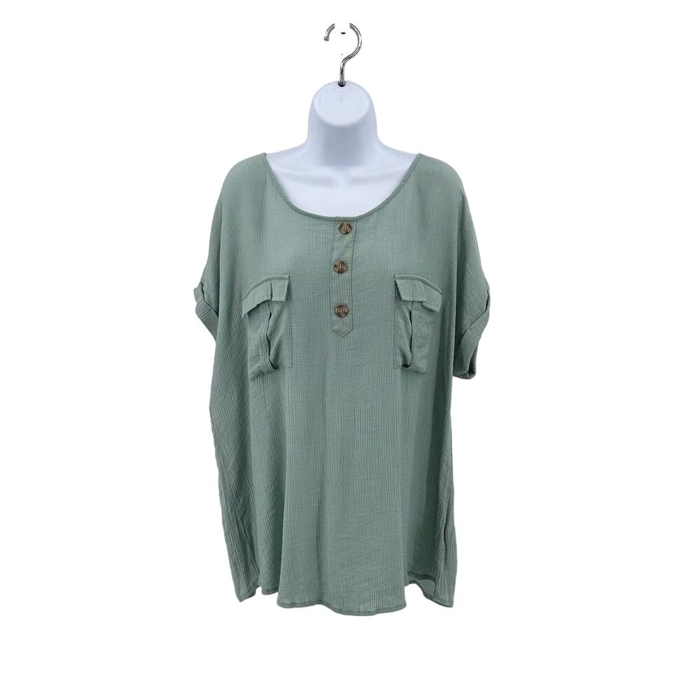 Flower & Feathers Fea Foam Green Blouse Womens Plus 3XL Short Sleeve Cuff Detail